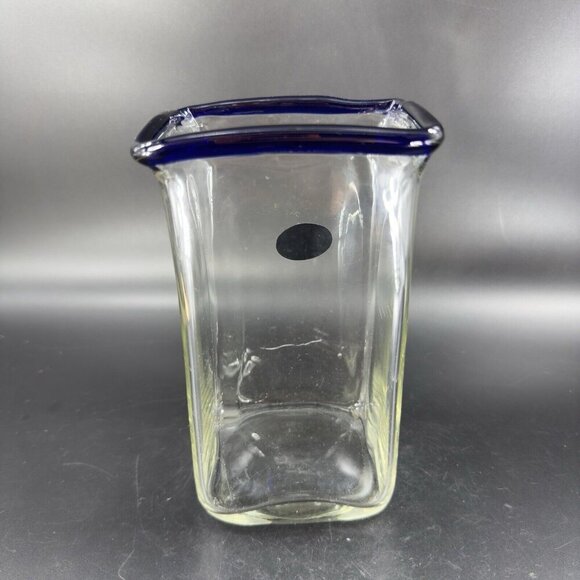 Krosno Jozefina Hand Blown Glass Vase Made In Poland Clear Cobalt Blue Edges VTG - Picture 15 of 16